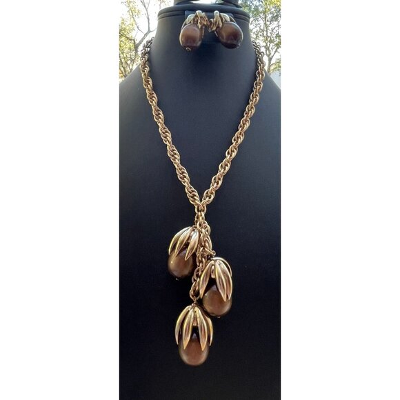 Vintage Napier Kumquat Moonglow Necklace & Earrings Set Brown Tone Goldtone High - Picture 16 of 16